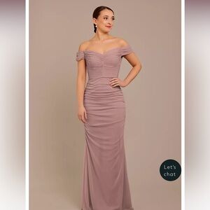 David’s Bridal Off the Shoulder bridesmaid dress.